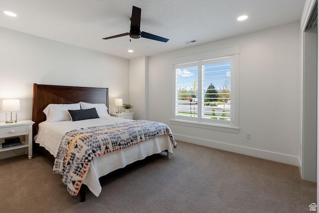 carpeted bedroom with recessed lighting, a ceiling fan, and baseboards