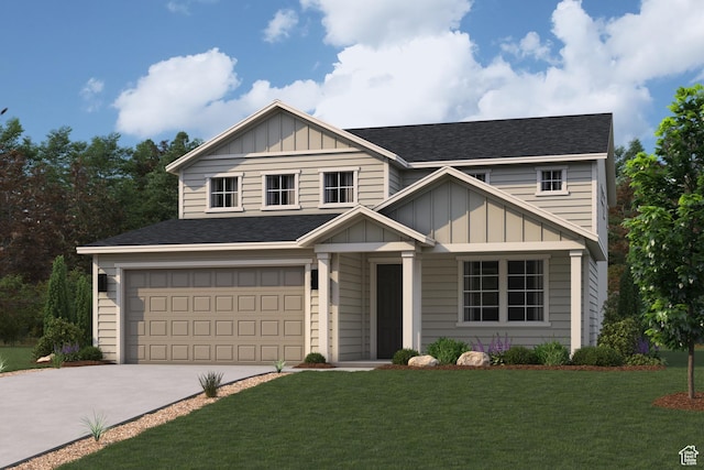 view of front of house with board and batten siding, a garage, concrete driveway, a front yard, and a shingled roof
