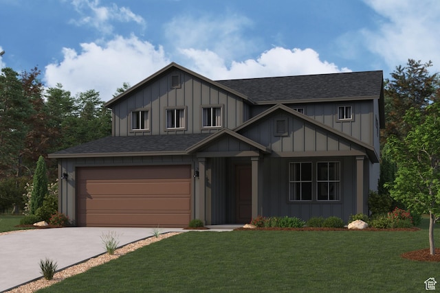 view of front of property featuring board and batten siding, a garage, driveway, a shingled roof, and a front lawn