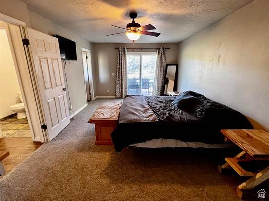 1204 Nashua Cir, Soda Springs, ID 83276 - bedroom with a textured ceiling, connected bathroom, carpet flooring, ceiling fan, and access to outside