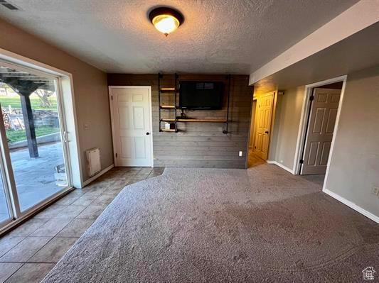 1204 Nashua Cir, Soda Springs, ID 83276 - unfurnished living room with a textured ceiling, wooden walls, baseboards, and light tile patterned floors