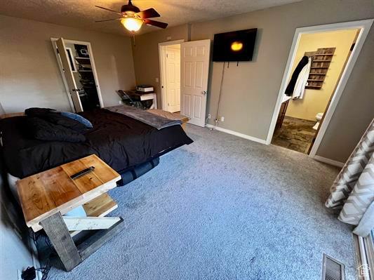 1204 Nashua Cir, Soda Springs, ID 83276 - carpeted bedroom featuring baseboards, connected bathroom, ceiling fan, and a walk in closet