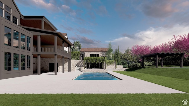 view of pool with a yard, a pergola, a patio area, and a covered pool