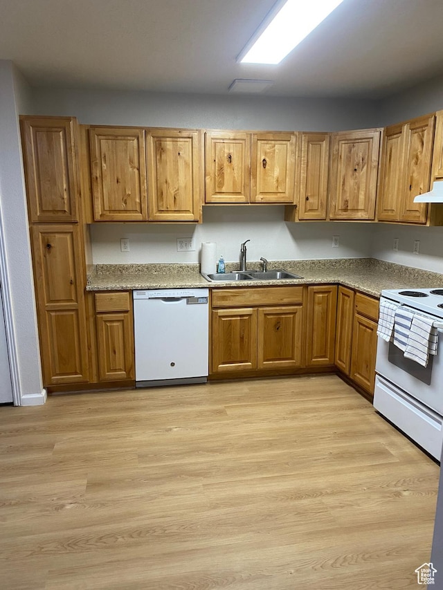8027 W Copperfield Pl S # 12, Magna, UT 84044 - kitchen featuring white appliances, a sink, under cabinet range hood, brown cabinetry, and light wood-style floors