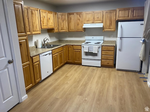 8027 W Copperfield Pl S # 12, Magna, UT 84044 - kitchen featuring white appliances, under cabinet range hood, a sink, and light wood-type flooring