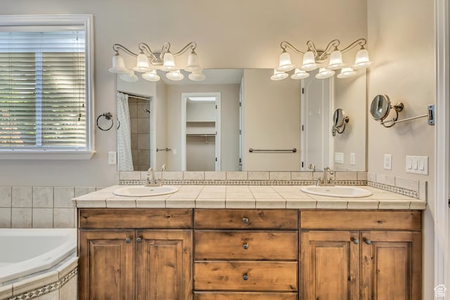 bathroom featuring a bath and double vanity