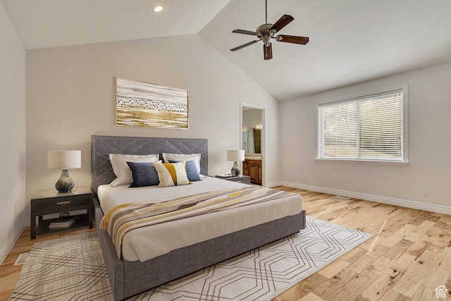 bedroom featuring lofted ceiling, light wood-type flooring, baseboards, a ceiling fan, and recessed lighting