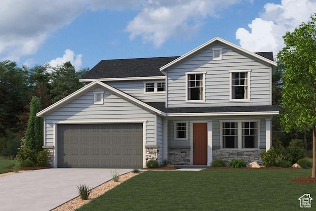 view of front of property with driveway, stone siding, a front yard, an attached garage, and roof with shingles