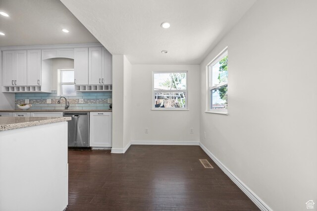kitchen featuring dishwasher, healthy amount of natural light, dark wood finished floors, backsplash, and recessed lighting