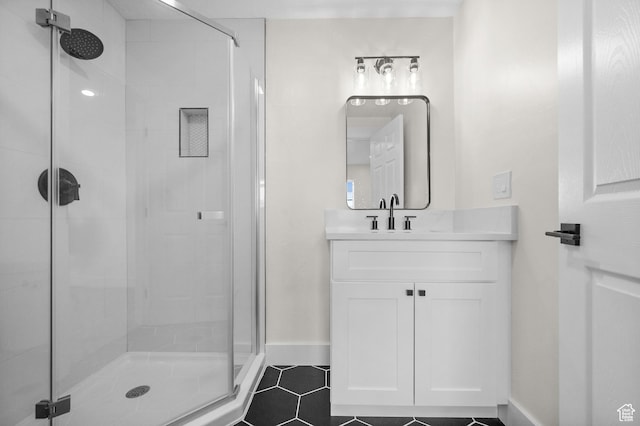 850 E Village Rd N, Ogden, UT 84404 - bathroom featuring a stall shower, vanity, tile patterned flooring, and baseboards
