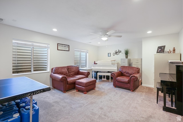 bedroom with carpet, recessed lighting, a ceiling fan, and baseboards