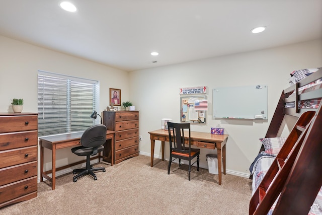 office space with light carpet, recessed lighting, and baseboards