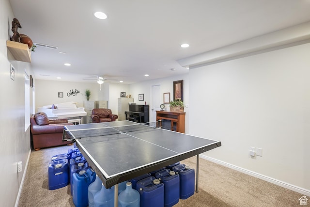 game room featuring carpet flooring, recessed lighting, baseboards, and ceiling fan