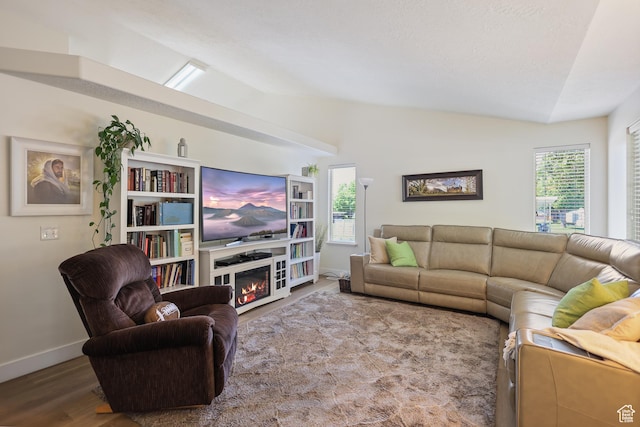 living room featuring lofted ceiling, wood finished floors, baseboards, and a glass covered fireplace