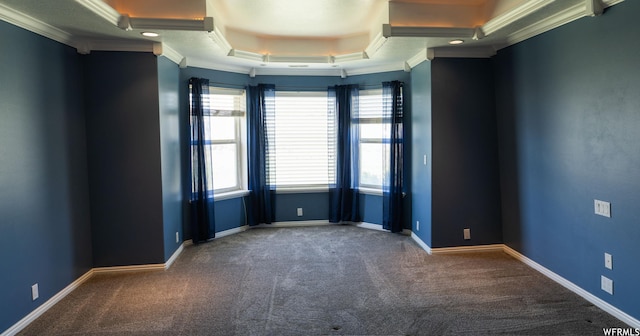 carpeted spare room featuring ornamental molding, a tray ceiling, and baseboards