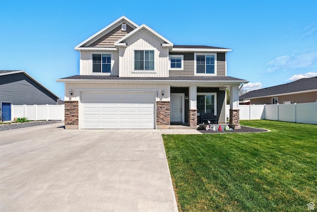 craftsman inspired home with driveway, an attached garage, board and batten siding, stone siding, and a porch