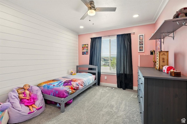 bedroom with light carpet, ornamental molding, baseboards, recessed lighting, and a ceiling fan