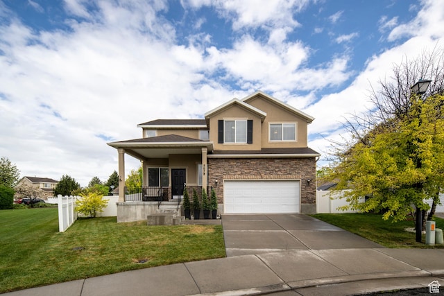 view of front of property featuring stucco siding, stone siding, driveway, an attached garage, and a porch