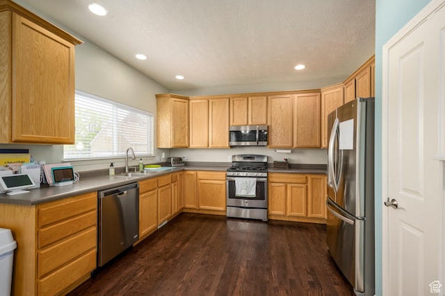 kitchen with appliances with stainless steel finishes, a sink, dark wood-style flooring, dark countertops, and recessed lighting