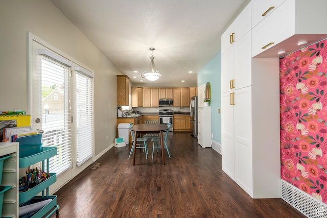 kitchen with stainless steel appliances, dark countertops, dark wood-type flooring, recessed lighting, and decorative light fixtures