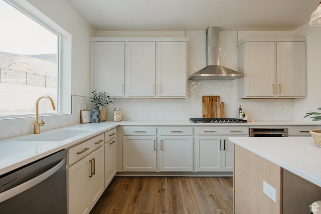 kitchen with appliances with stainless steel finishes, wall chimney exhaust hood, a sink, light countertops, and wood finished floors