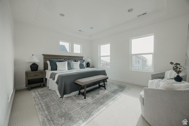bedroom featuring a tray ceiling, light carpet, and baseboards
