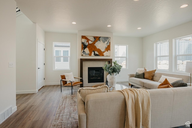 living area featuring plenty of natural light, wood finished floors, a glass covered fireplace, recessed lighting, and baseboards