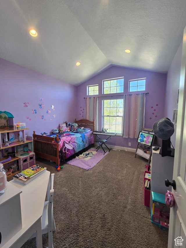 1256 Jefferson Cir, Price, UT 84501 - carpeted bedroom with lofted ceiling, a textured ceiling, recessed lighting, and baseboards