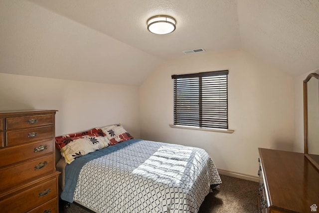 384 N 710 E, Salem, UT 84653 - bedroom with dark carpet, lofted ceiling, baseboards, and a textured ceiling