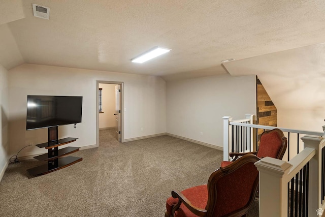 384 N 710 E, Salem, UT 84653 - living area with carpet flooring, an upstairs landing, vaulted ceiling, a textured ceiling, and baseboards