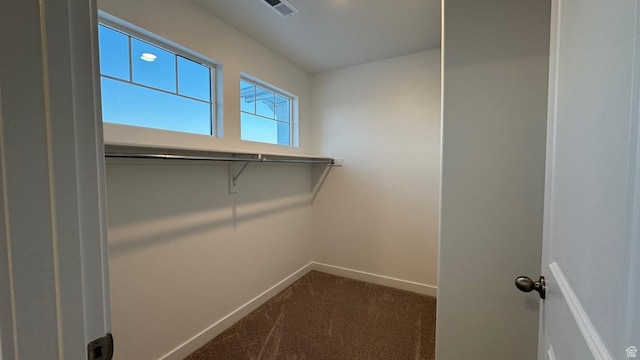 walk in closet featuring dark colored carpet