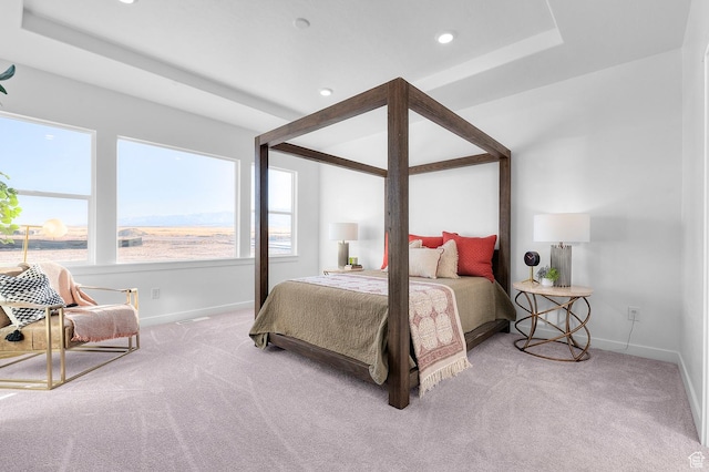 bedroom with carpet, baseboards, and recessed lighting