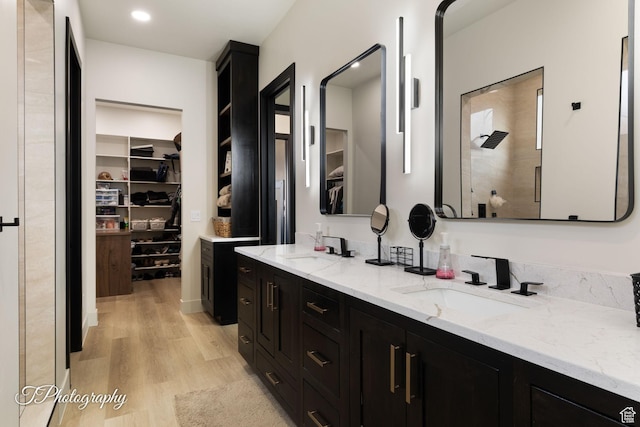 3195 S Tallow Tree Dr, St George, UT 84790 - bathroom featuring wood finished floors, double vanity, a spacious closet, and a shower