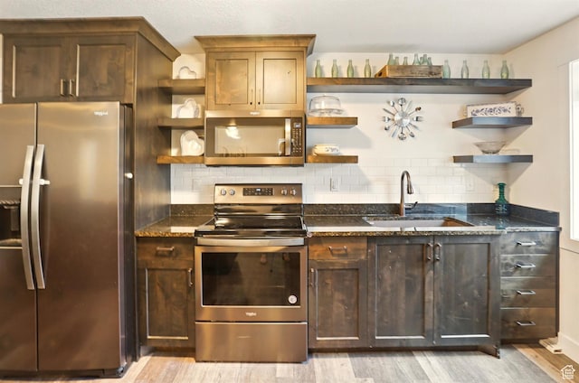114 E 9500 S, Paradise, UT 84328 - kitchen with appliances with stainless steel finishes, open shelves, a sink, light wood-style floors, and dark stone countertops