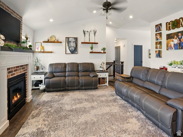 114 E 9500 S, Paradise, UT 84328 - living room with ceiling fan, a fireplace, dark wood finished floors, lofted ceiling, and recessed lighting