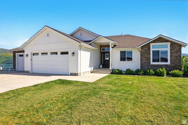 114 E 9500 S, Paradise, UT 84328 - single story home with an attached garage, driveway, a front yard, and stone siding