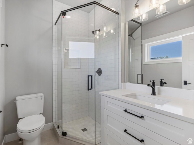 full bath featuring a shower stall, vanity, toilet, and baseboards
