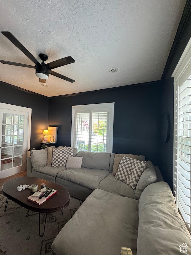 living area with a textured ceiling and ceiling fan