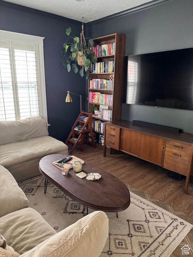 living area with wood finished floors, crown molding, and a textured ceiling