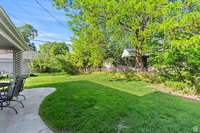 view of green lawn featuring a patio area