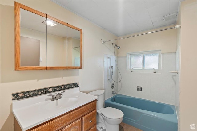 full bath featuring toilet, vanity, and shower / washtub combination