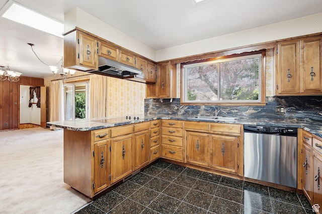 720 N 300 E, Tremonton, UT 84337 - kitchen featuring dishwasher, a sink, a chandelier, under cabinet range hood, and black electric stovetop