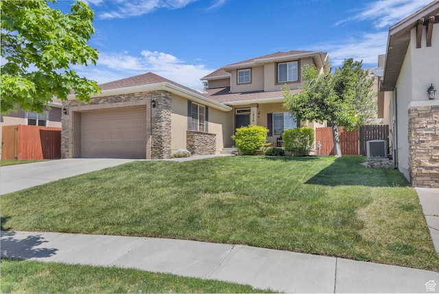1828 W Woodview Dr, Lehi, UT 84043 - view of front of house featuring stucco siding, an attached garage, stone siding, concrete driveway, and central AC unit