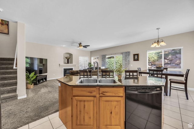 1828 W Woodview Dr, Lehi, UT 84043 - kitchen featuring black dishwasher, a sink, a glass covered fireplace, ceiling fan, and light tile patterned floors