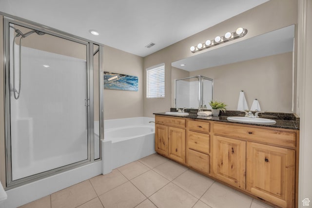 1828 W Woodview Dr, Lehi, UT 84043 - bathroom with a stall shower, a bath, double vanity, and tile patterned floors