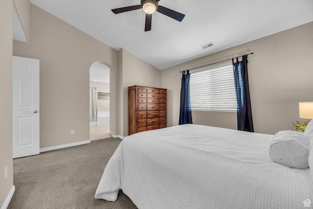 1828 W Woodview Dr, Lehi, UT 84043 - bedroom with arched walkways, lofted ceiling, carpet floors, baseboards, and ceiling fan