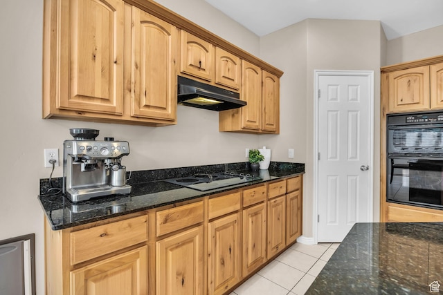 1828 W Woodview Dr, Lehi, UT 84043 - kitchen featuring under cabinet range hood, white cooktop, dark stone countertops, and light tile patterned floors