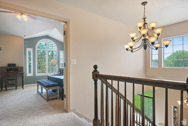 8127 S Bear Lake Ct, West Jordan, UT 84081 - corridor with an upstairs landing, carpet, healthy amount of natural light, baseboards, and vaulted ceiling