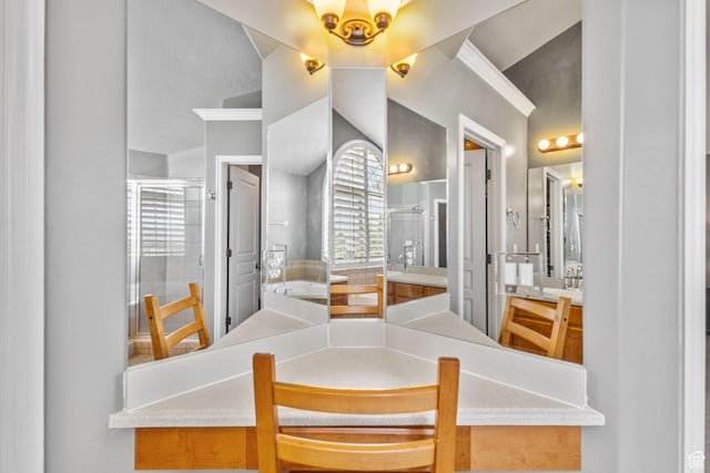 8127 S Bear Lake Ct, West Jordan, UT 84081 - bathroom featuring a shower stall, vanity, lofted ceiling, and a garden tub