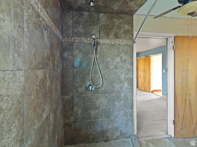 10045 W 12000 N, Bothwell, UT 84337 - bathroom with a tile shower and a ceiling fan